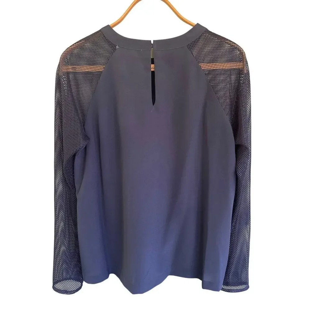 Michael Kors Mesh Sleeve Blouse Women's Large Navy Zip Side Long Sleeve NWT